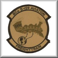 One of several new designed patches of the U.S. Army Reserve unit, B Company, 5th Battalion, 159th Aviation Regiment, Fort Eustis, Virginia, after the acceptance of the Vietnam era unit callsign "Freight Train" in honor of the 243rd Assault Support Helicopter Company (ASHC), circa 2003.